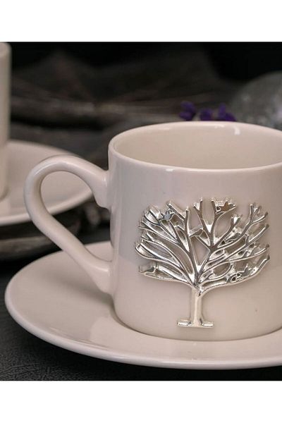YzHome 6-Person 12-Piece Porcelain Tree of Life Platinum Silver Relief Motif Coffee Cup Set 100 ml