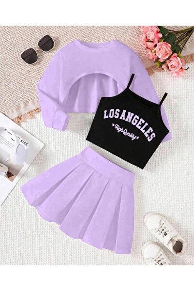 NoVibe Set 3 piese fustă plisată cu imprimeu Los Angeles pentru fete