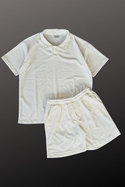 Ferhatlı Women's Men's Polo Neck T-Shirt - Shorts 2 Piece Set Cotton Honeycomb Fabric Pattern