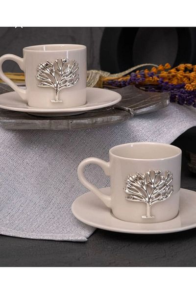 YzHome 6-Person 12-Piece Porcelain Tree of Life Platinum Silver Relief Motif Coffee Cup Set 100 ml