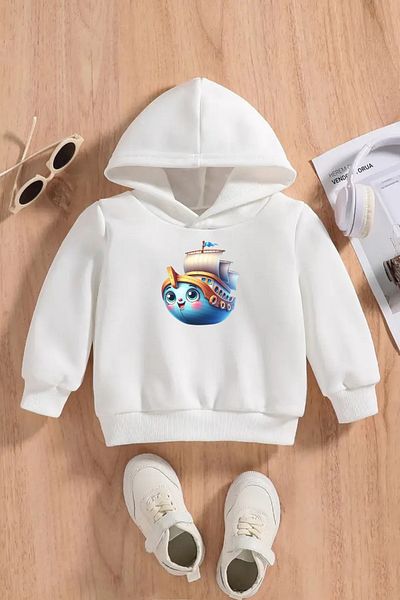 VBSVİBES Children's White Hooded Sweatshirt – Gemi Printed, Thick Fabric with Embossed