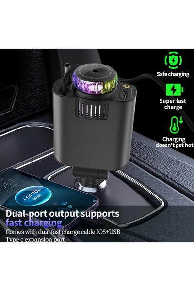 Generic 5-in-1 Car Charger with Air Freshener Star light, Retractable Cables USB-C & iOS 3 Perfume