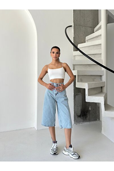 ÇEÇİM Kadın Açık Mavi Yüksek Bel Bol Paça Denim Bermuda Şort ZYN-58799