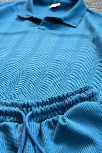 Ferhatlı Women's Men's Polo Neck T-Shirt - Shorts 2 Piece Set Cotton Honeycomb Fabric Pattern