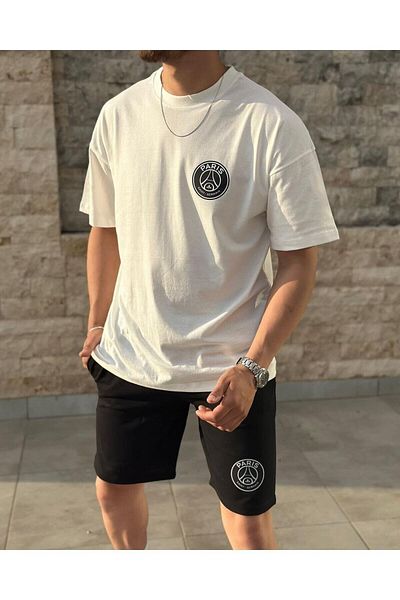 NoVibe Summer Paris Football Printed Crew Neck T-shirt Shorts Set