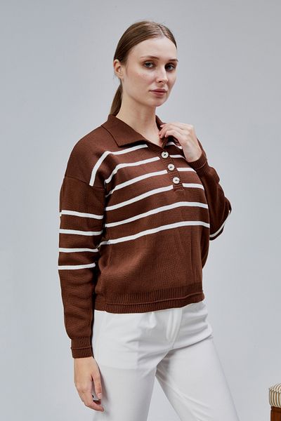 LUGMO Women's Polo Neck Oversize Striped 4 Button Knitwear Sweater Brown