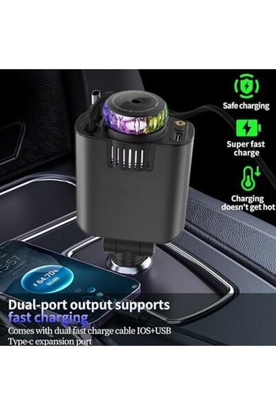 Generic 5-in-1 Car Charger with Air Freshener Star light, Retractable Cables USB-C & iOS 3 Perfume