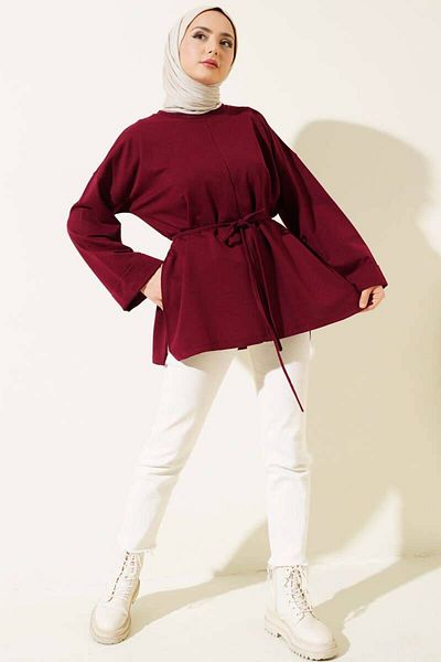 BYKUZEYARAS Belted Oversize Relaxed Fit Two Thread Tunic Sweat