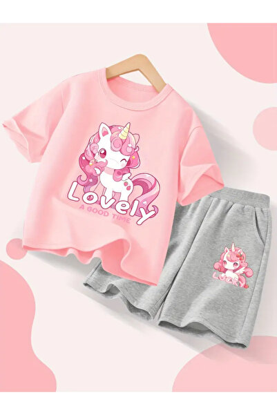 NoVibe Set pentru copii, tricou cu imprimeu unicorn pentru fete, pantaloni sc...