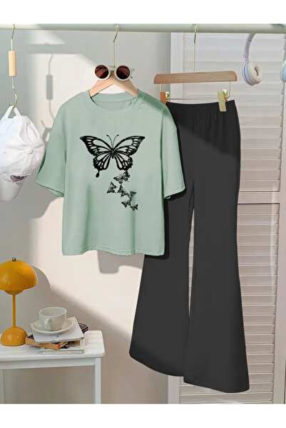 NoVibe Tricou cu imprimeu fluture pentru copii Set pantaloni de sport spaniole