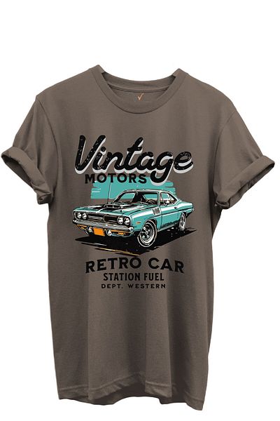 WİDİ Vintage Motors Written Retro Car Printed 100% Cotton Regular Fit Unisex T-Shirt