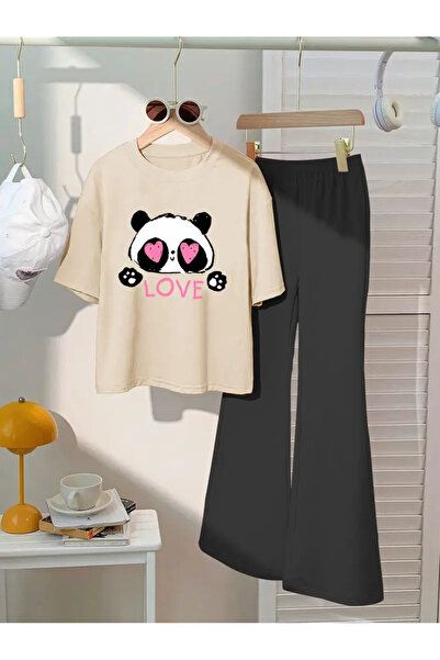 NoVibe Tricou cu imprimeu Panda pentru copii Set pantaloni de sport cu picioa...