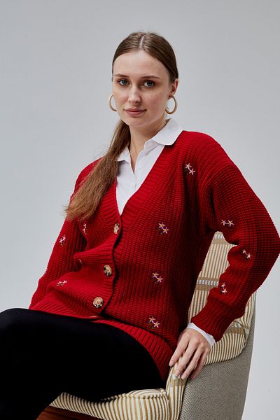 LUGMO Women's Knitwear Cardigan Flower Embroidered Standard Size Red