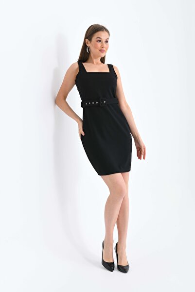 MOVİMENT Γυναικείο Μίνι Φόρεμα από Κρεπ Υφασμάτινο Μίνι Φόρεμα με Μαύρη Τετρά...