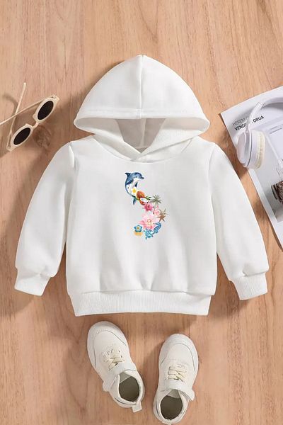 VBSVİBES Children's White Hooded Sweatshirt – Dolphin Dreams Printed, Thick Fabric with Hood