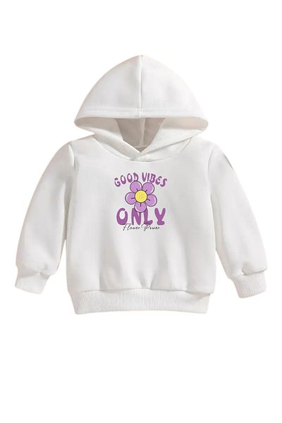 VBSVİBES Children's White Hooded Sweatshirt – Good Vibes Only Printed, Thick Fabric with Hood