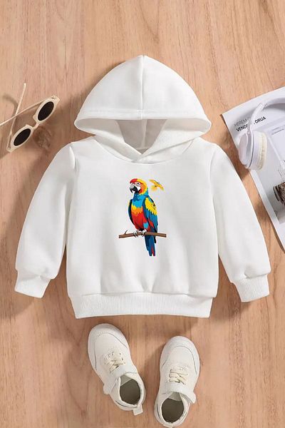 VBSVİBES Children's White Hooded Sweatshirt – Papagan Printed, Thick Fabric with Embossing