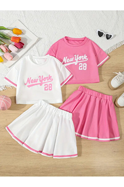 NoVibe Tricou cu imprimeu New York 28 pentru fete - Set de 2 fuste