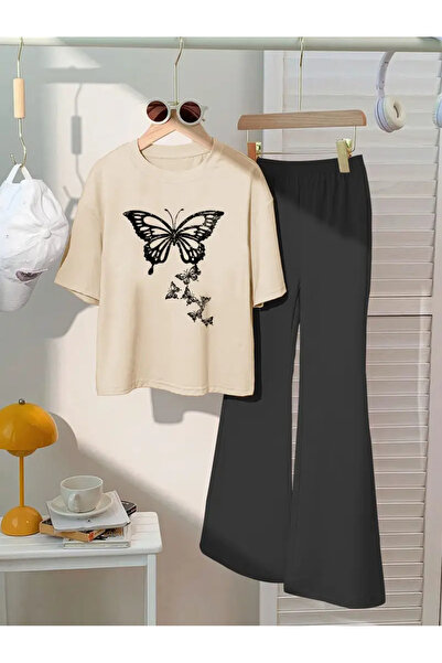 NoVibe Tricou cu imprimeu fluture pentru copii Set pantaloni de sport spaniole