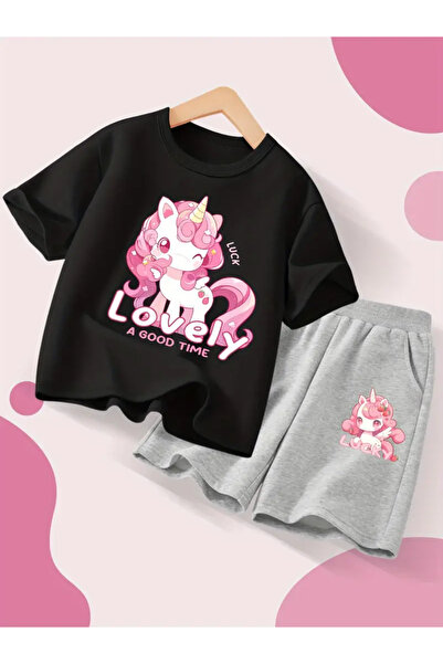 NoVibe Set pentru copii, tricou cu imprimeu unicorn pentru fete, pantaloni sc...