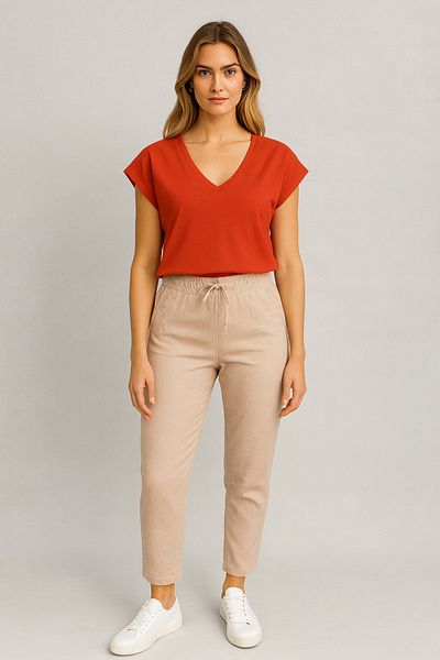 VENA V-Neck Off Shoulder 100% Cotton T-Shirt - Tile