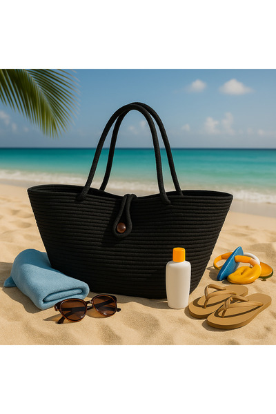 Efuliz Home Geantă de plajă de culoare neagră din paie de iută, geantă de umă...