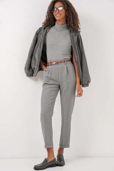 modamtn 6686 Pleated Belted Fabric Trousers - Gray