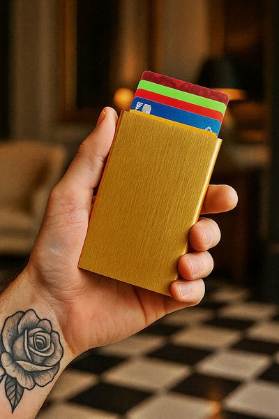 Boldy Suport card din aluminiu - Suport card cu mecanism - Suport card automat - Suport card subțire din metal - Suport card de credit 1 bucată
