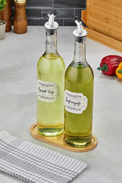 MODA OZY 2li 750ml Ahşap Standlı Ayçiçek Yağı &Zeytinyağı Şişesi Gri Tıpalı Cam Yağdanlık