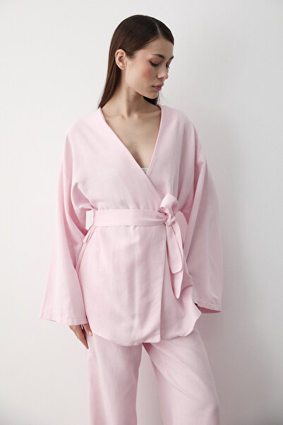 Laluvia Rózsaszín vászon kimonó nadrág szett