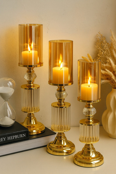 Özbey ArtDeco 3'lü Lüks Cam Ayaklı Gold Şamdan