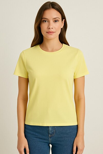 BEGBOR LİNGERİE تي شيرت نسائي أساسي بأكمام قصيرة باللون الأصفر الليموني