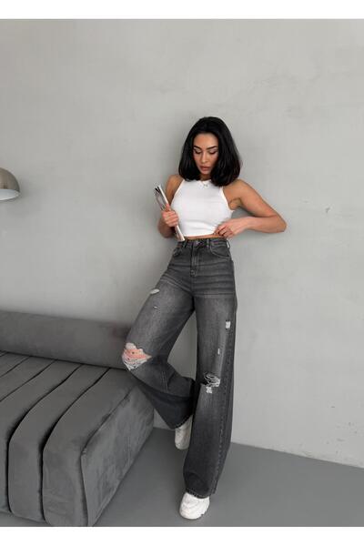 Zeo Basic KADIN BAGGY FİT LAZERLİ YÜKSEK BEL GENİŞ PAÇA KOT PANTOLON FÜME