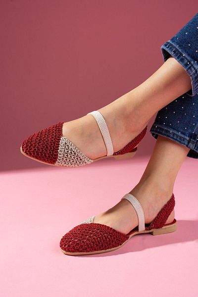 FUGA MODA Finex Red Beige Double Color Closed Front Knitwear Knitted Elastic Sandals