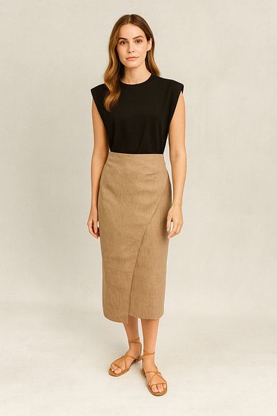 VENA Linen Blend Side Gathered Midi Skirt - Milk Coffee