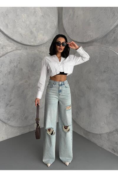 Zeo Basic KADIN BAGGY FİT LAZERLİ YÜKSEK BEL GENİŞ PAÇA KOT PANTOLON AÇIK MAVİ TİNT