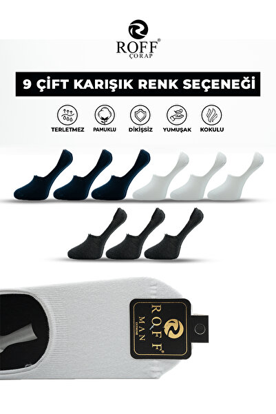 ROFF ÇORAP Roff Cotton Men's Ballerina Socks Seamless Invisible Anti-Slip Silicone Pack of 9