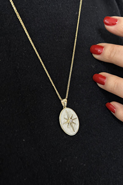 Aslı Gold Kuzey Yıldızı Oval Madalyon Mineli Altın Kolye