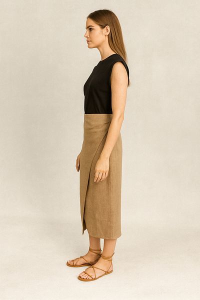 VENA Linen Blend Side Gathered Midi Skirt - Milk Coffee