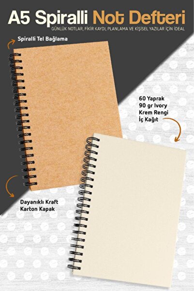 t tuğset etiket A5 Siyah Kraft Kapaklı Çizgisiz Defter, A5 Defter, 60 Yaprak(...