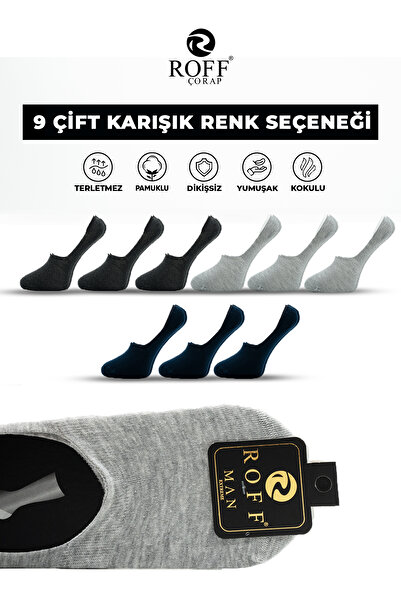 ROFF ÇORAP Roff Cotton Men's Ballerina Socks Seamless Invisible Anti-Slip Silicone Pack of 9