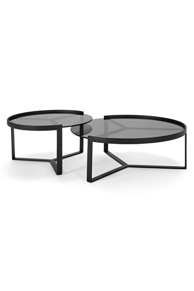 Hitit Dekorasyon Aula Siyah Metal Cam 2'li Orta Sehpa