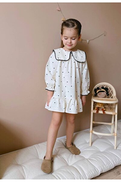 Yerel Üretici Yaka Detaylı Kız Çocuk Beyaz Elbise