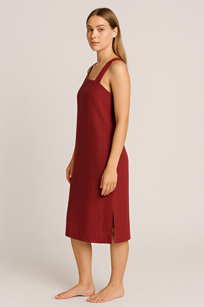 VENA Asymmetrical Collar Linen Dress-Burgundy