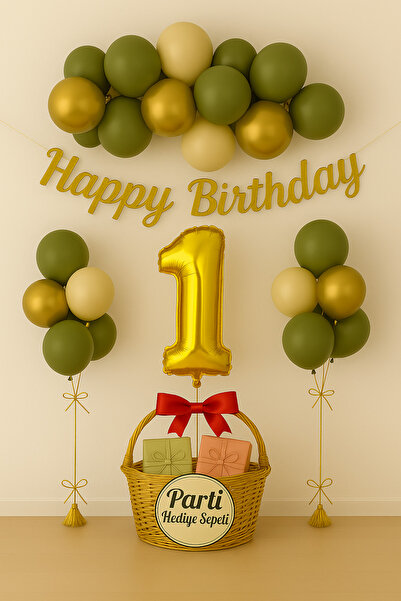 parti hediye sepeti 1 Yaş Doğum Günü Balon Seti | Gold Küf Yeşili Konsept