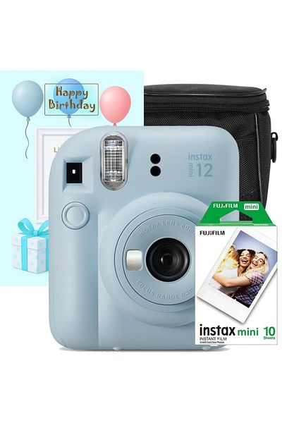 Fujifilm Set aparat foto instant Instax Mini 12 Bleu cu Film, Husa si Felicitare