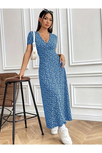 Viyamo New Season Women's Short Sleeve Double Breasted Collar Floral Patterned Single Jersey Dress