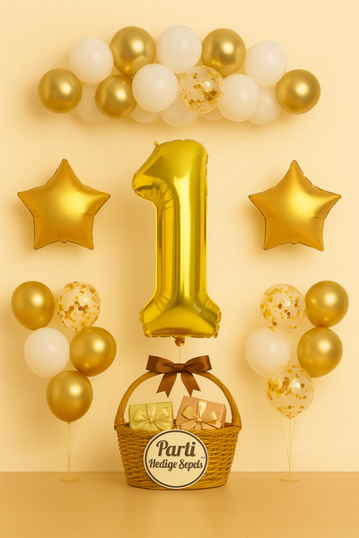 parti hediye sepeti Gold Yıldızlı 1 Yaş Doğum Günü Balon Seti | Beyaz Şeffaf ...