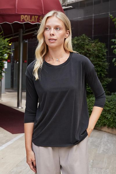 Jument Women's Quality Modal Stretchy Fabric Wide Zero Collar Capri Three Quarter Sleeve Lightweight Loose Blouse-Black