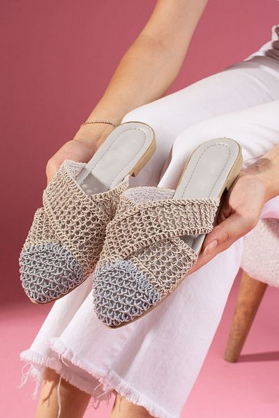 FUGA MODA Simpa Gray Mink Two-Color Closed Front Cross Tape Detailed Knitted Knitwear Slippers